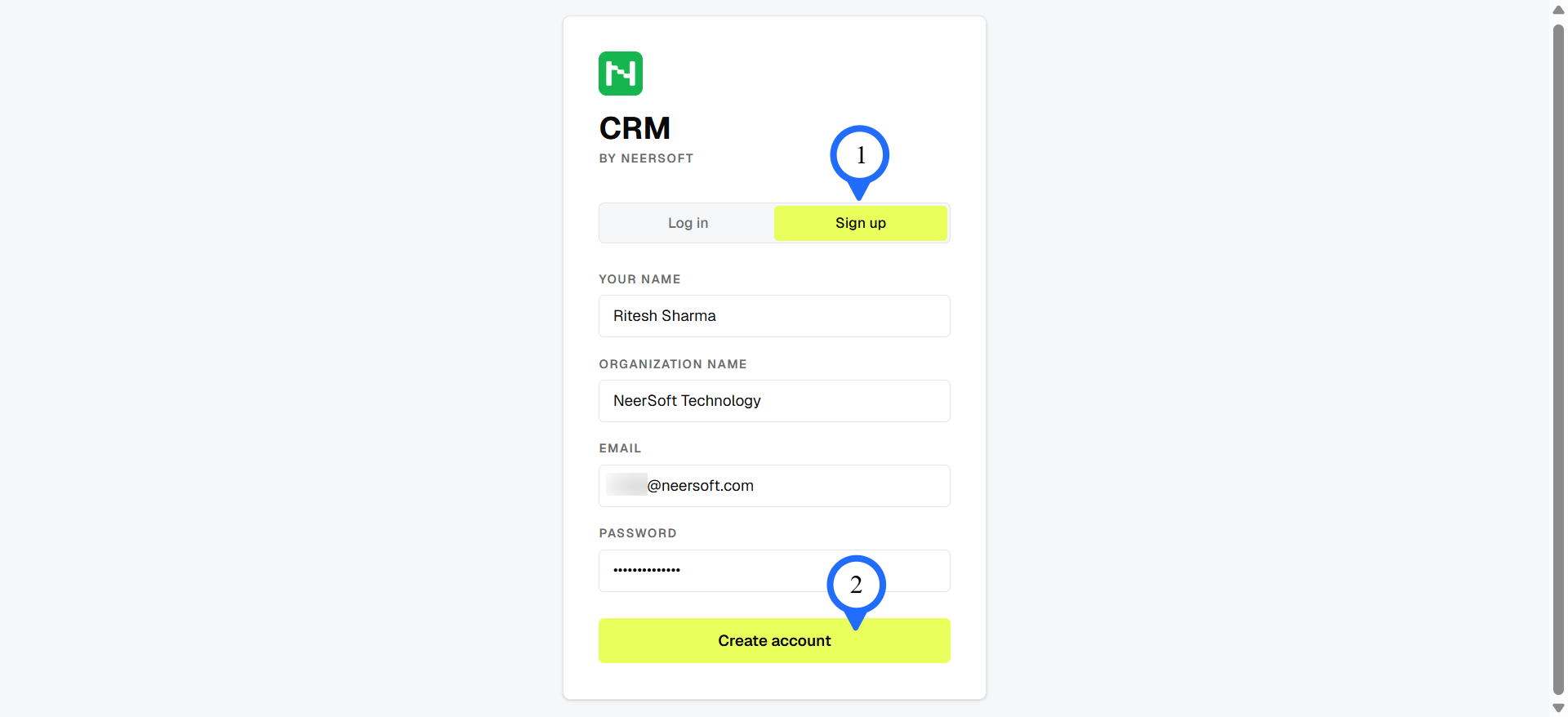 Sign up process for NeerSoft CRM