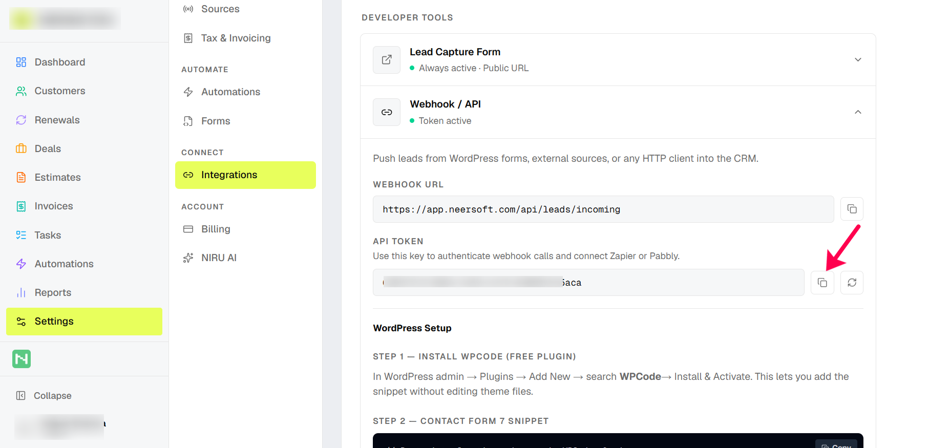 copy token key for app integration
